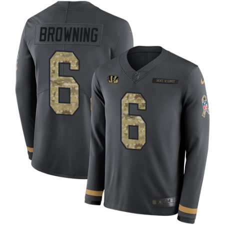 wholesale Bengals #6 Jake Browning Anthracite Salute to Service Men's Stitched NFL Limited Therma Long Sleeve Jersey