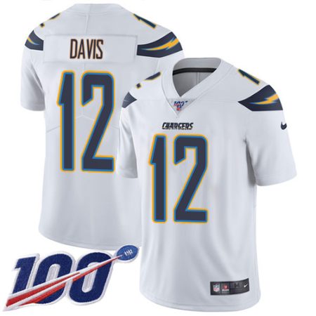 Chargers #12 Derius Davis White Men's Stitched NFL 100th Season Vapor Limited Jersey