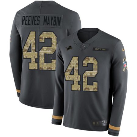 Lions #42 Jalen Reeves-Maybin Anthracite Salute to Service Men's Stitched NFL Limited Therma Long Sleeve Jersey