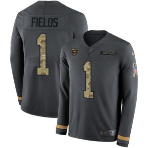 cheap Bears #1 Justin Fields Anthracite Salute to Service Men's Stitched NFL Limited Therma Long Sleeve Jersey