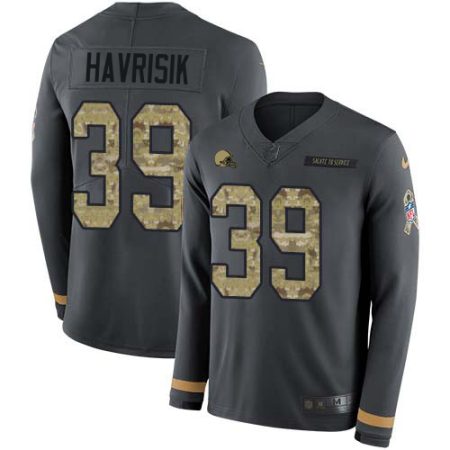 Browns #39 Lucas Havrisik Anthracite Salute to Service Men's Stitched NFL Limited Therma Long Sleeve Jersey