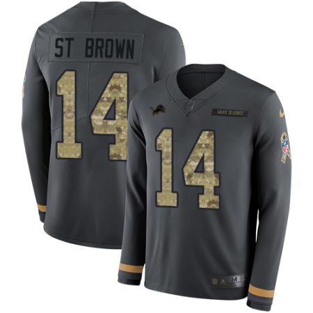 Lions #14 Amon-Ra St. Brown Anthracite Salute to Service Men's Stitched NFL Limited Therma Long Sleeve Jersey