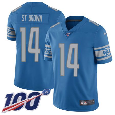 Lions #14 Amon-Ra St. Brown Blue Team Color Men's Stitched NFL 100th Season Vapor Untouchable Limited Jersey