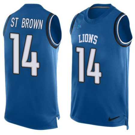 Lions #14 Amon-Ra St. Brown Blue Team Color Men's Stitched NFL Limited Tank Top Jersey