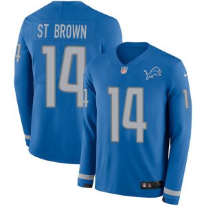 Lions #14 Amon-Ra St. Brown Blue Team Color Men's Stitched NFL Limited Therma Long Sleeve Jersey