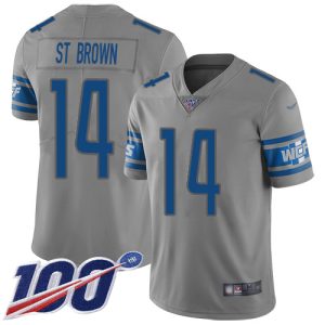 Lions #14 Amon-Ra St. Brown Gray Men's Stitched NFL Limited Inverted Legend 100th Season Jersey