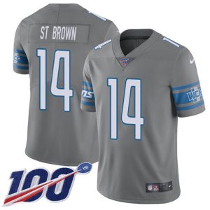 Lions #14 Amon-Ra St. Brown Gray Men's Stitched NFL Limited Rush 100th Season Jersey