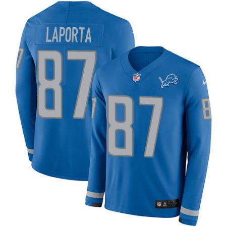 Lions #87 Sam LaPorta Blue Team Color Men's Stitched NFL Limited Therma Long Sleeve Jersey