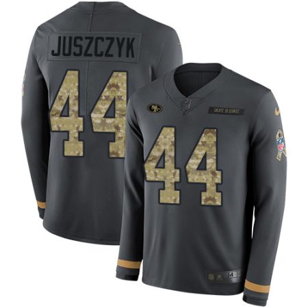 49ers #44 Kyle Juszczyk Anthracite Salute to Service Men's Stitched NFL Limited Therma Long Sleeve Jersey