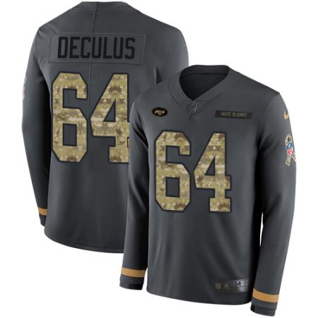 Jets #64 Austin Deculus Anthracite Salute to Service Men's Stitched NFL Limited Therma Long Sleeve Jersey