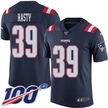 Patriots #39 JaMycal Hasty Navy Blue Men's Stitched NFL Limited Rush 100th Season Jersey