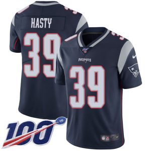 Patriots #39 JaMycal Hasty Navy Blue Team Color Men's Stitched NFL 100th Season Vapor Limited Jersey