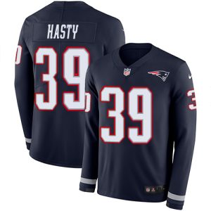 cheap Patriots #39 JaMycal Hasty Navy Blue Team Color Men's Stitched NFL Limited Therma Long Sleeve Jersey