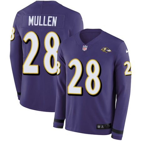 Ravens #28 Trayvon Mullen Purple Team Color Men's Stitched NFL Limited Therma Long Sleeve Jersey